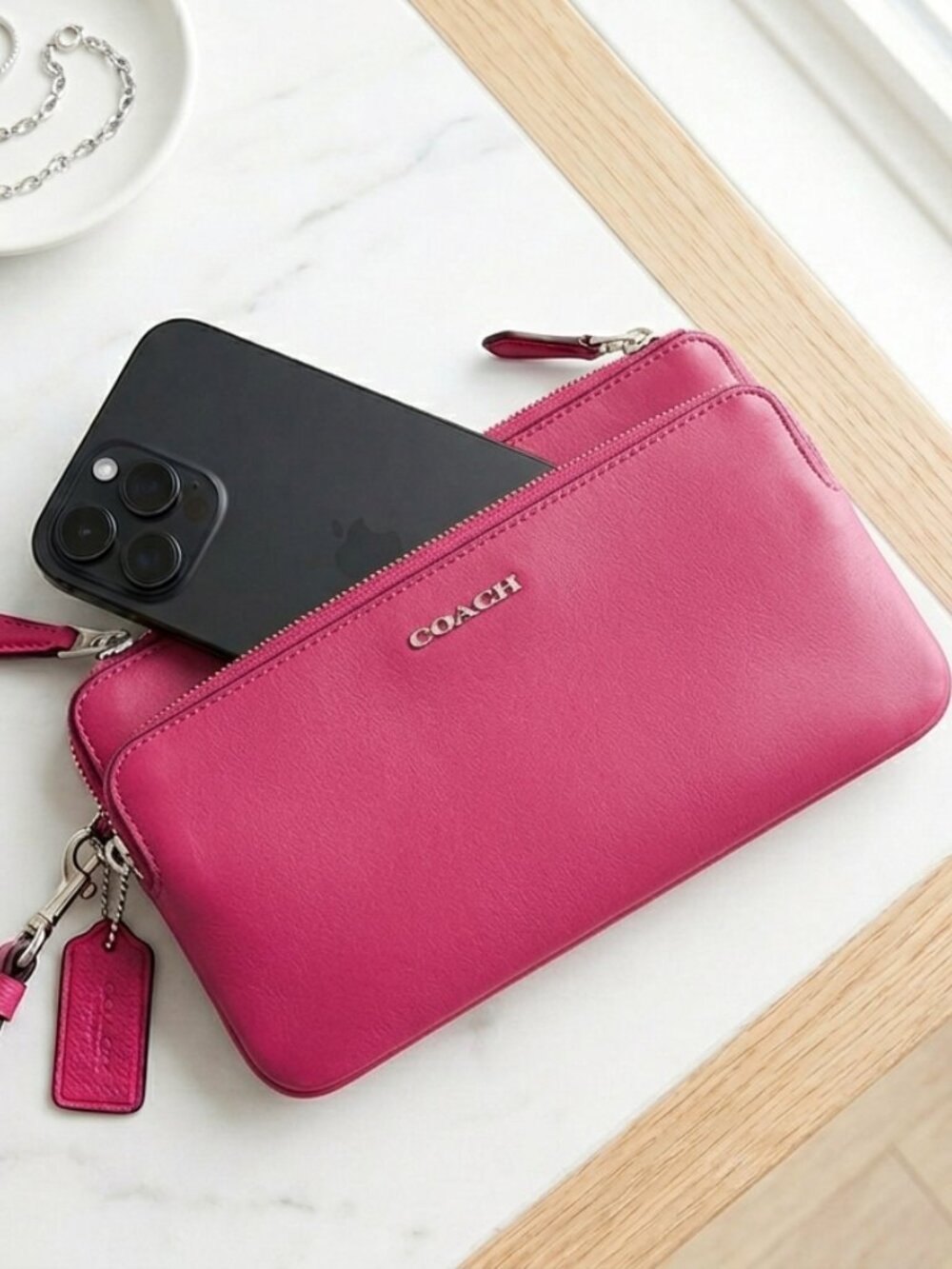COACH Pink Pebbled Leather Double Zip Large Wristlet Smartphone Clutch